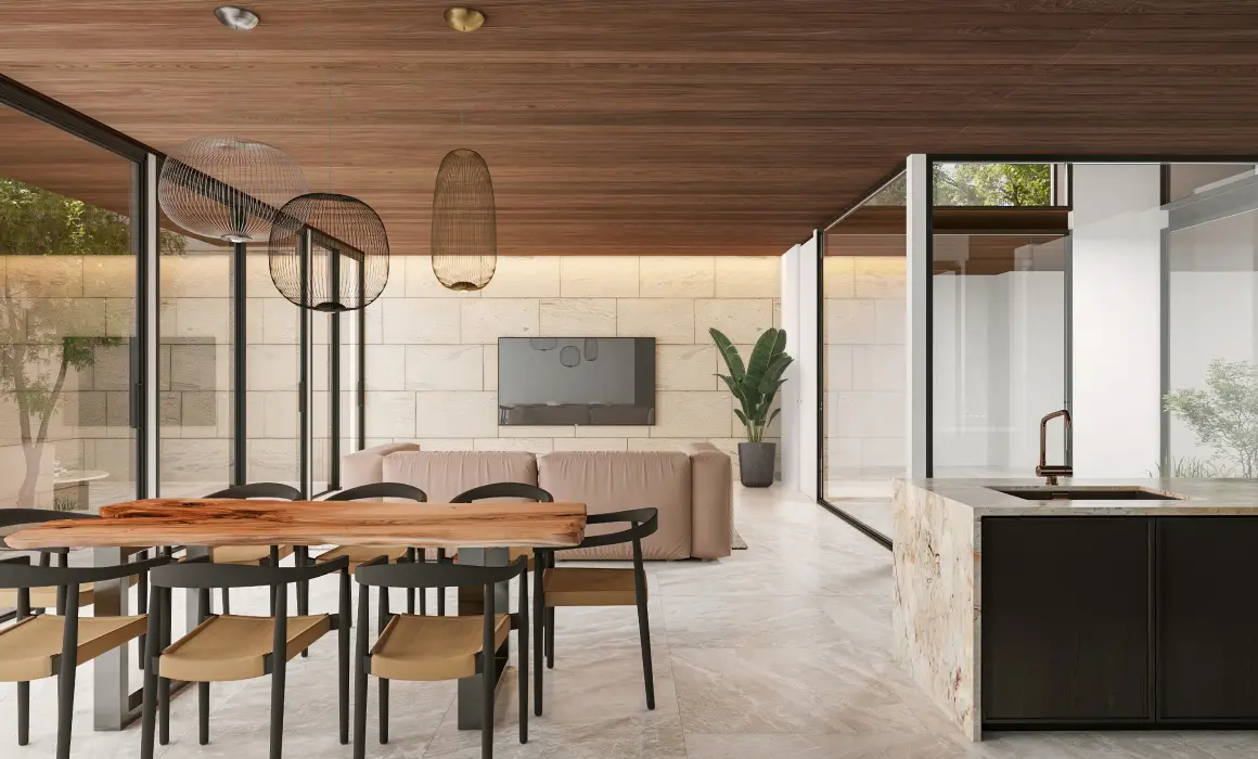 自然と内から外へと目線を導くような天井の美しい水平ライン