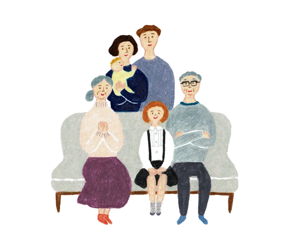 ソファに座る三世代の家族のイラスト