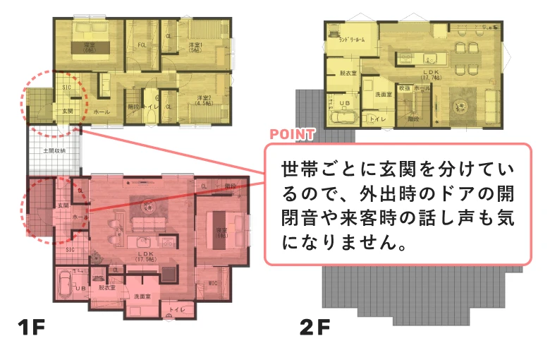 世帯ごとに玄関を分けているので、外出時のドアの開閉音や来客時の話し声も気になりません。